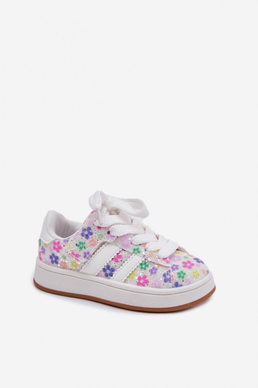 Shiny Girls Sports Shoes With Flowers White Tessina