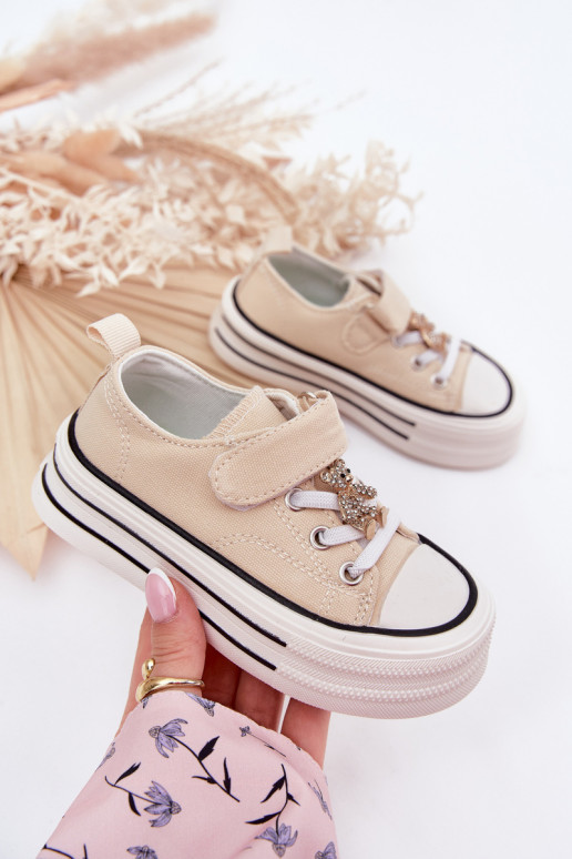Girls Sneakers With Golden Applique Bear Beige Solena