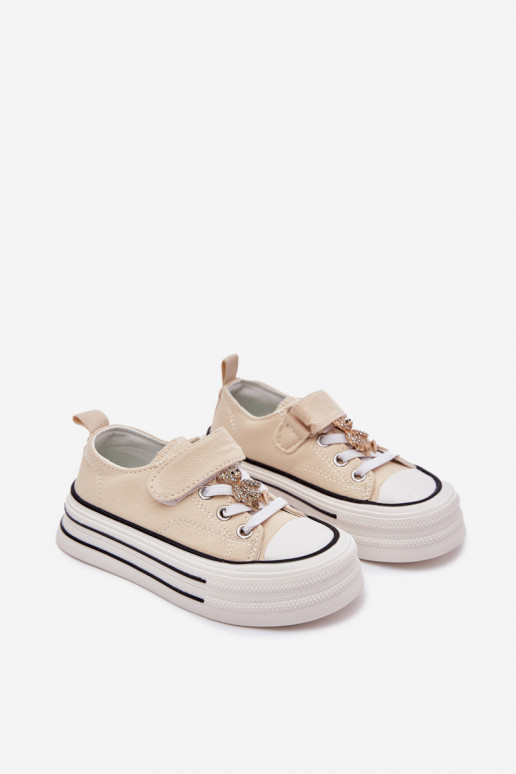 Girls Sneakers With Golden Applique Bear Beige Solena