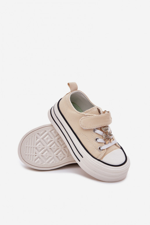 Girls Sneakers With Golden Applique Bear Beige Solena