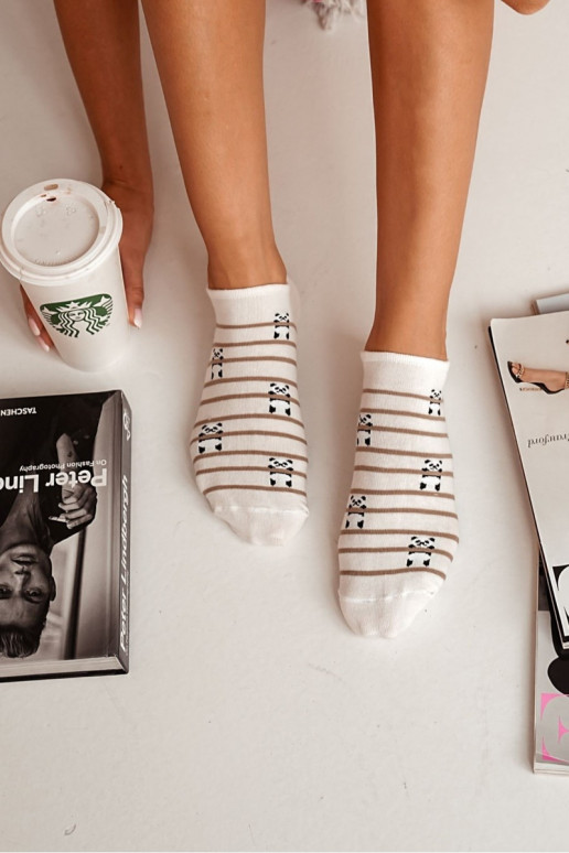 Skarpetki Stopki Damskie Bawełniane Pandy I Paski Ecru Skarpetki Stopki Damskie Bawełniane Pandy I Paski Ecru