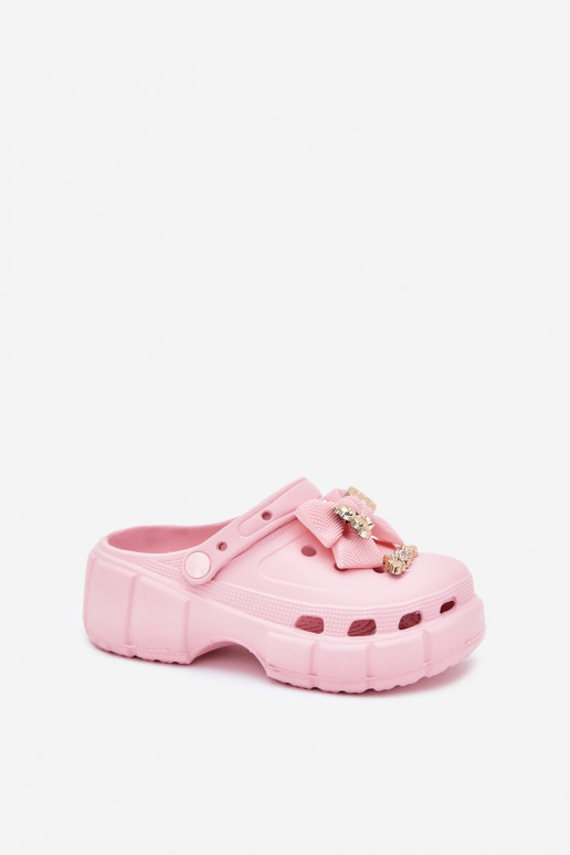 Girls Children's Foam Slippers With Bow And Decorations Pink Selvana Girls Children's Foam Slippers With Bow And Decorations Pink Selvana