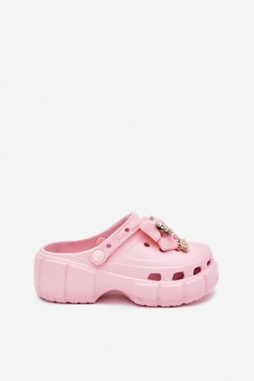 Girls Children's Foam Slippers With Bow And Decorations Pink Selvana Girls Children's Foam Slippers With Bow And Decorations Pink Selvana