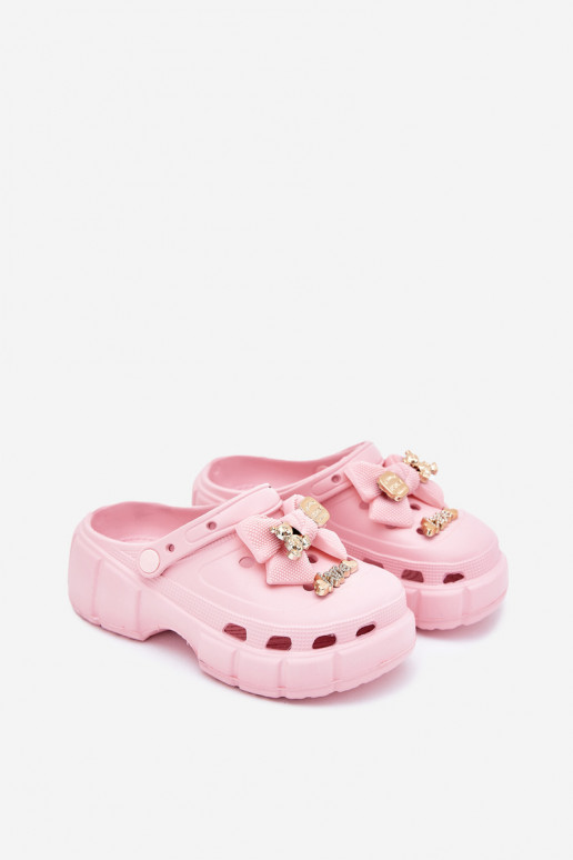 Girls Children's Foam Slippers With Bow And Decorations Pink Selvana Girls Children's Foam Slippers With Bow And Decorations Pink Selvana