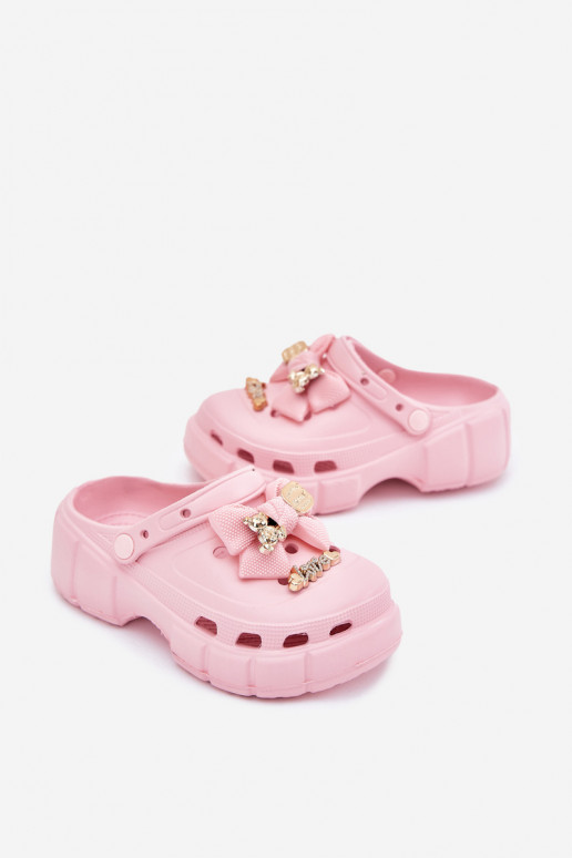 Girls Children's Foam Slippers With Bow And Decorations Pink Selvana Girls Children's Foam Slippers With Bow And Decorations Pink Selvana