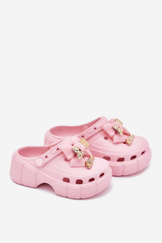 Girls Children's Foam Slippers With Bow And Decorations Pink Selvana Girls Children's Foam Slippers With Bow And Decorations Pink Selvana