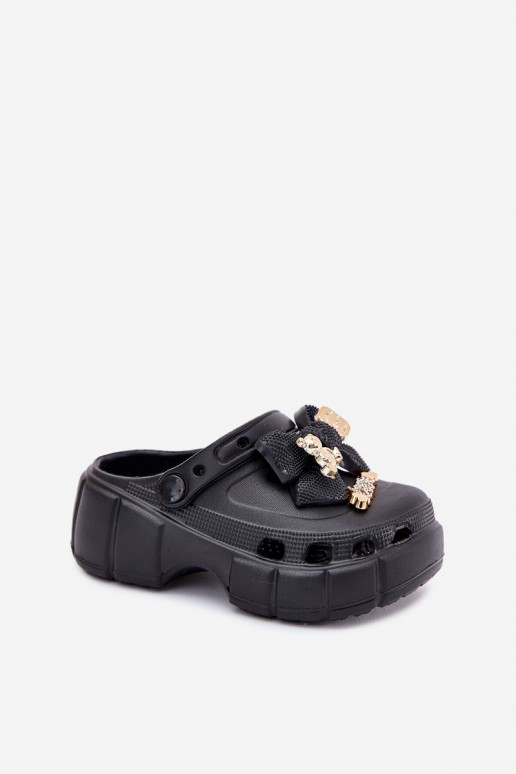 Girls Foam Slippers With Bow And Decorations Black Selvana Girls Foam Slippers With Bow And Decorations Black Selvana