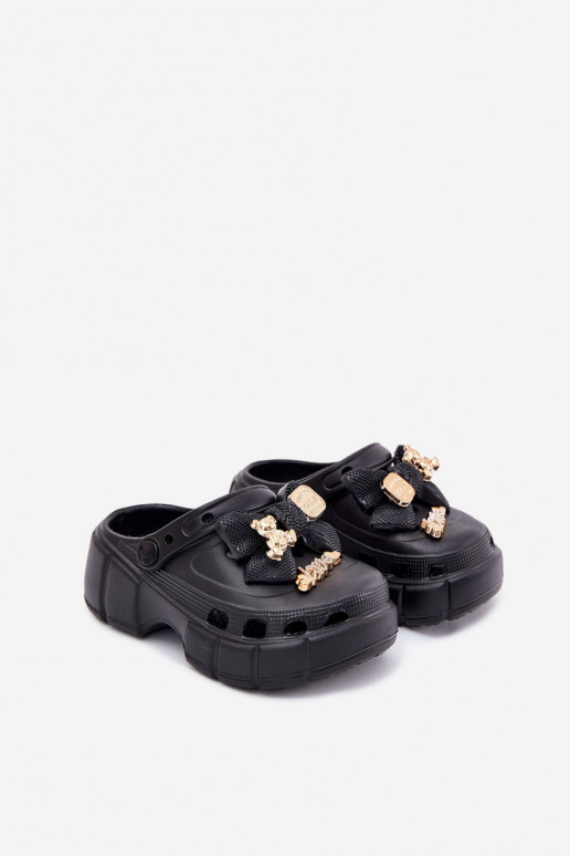 Girls Foam Slippers With Bow And Decorations Black Selvana Girls Foam Slippers With Bow And Decorations Black Selvana