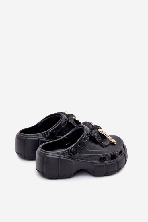 Girls Foam Slippers With Bow And Decorations Black Selvana Girls Foam Slippers With Bow And Decorations Black Selvana