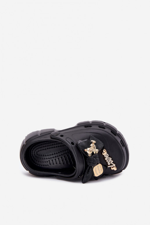 Girls Foam Slippers With Bow And Decorations Black Selvana Girls Foam Slippers With Bow And Decorations Black Selvana