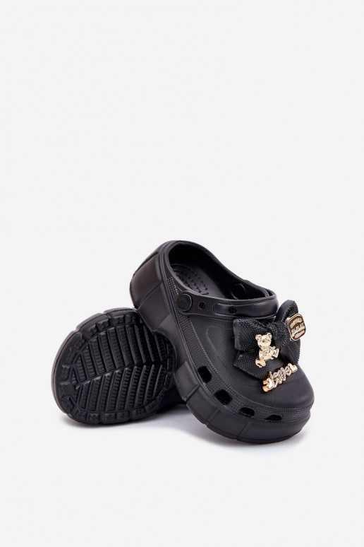 Girls Foam Slippers With Bow And Decorations Black Selvana Girls Foam Slippers With Bow And Decorations Black Selvana