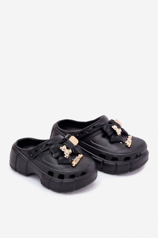 Girls Foam Slippers With Bow And Decorations Black Selvana Girls Foam Slippers With Bow And Decorations Black Selvana
