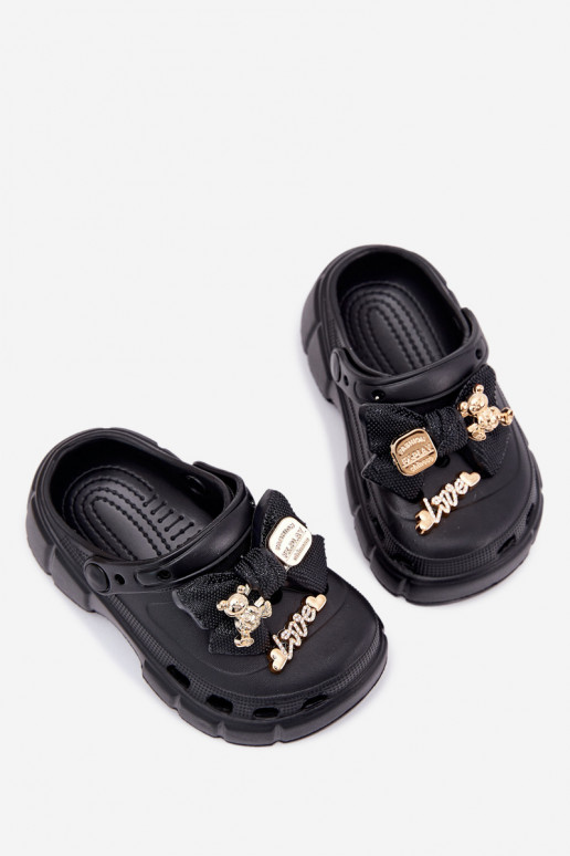 Girls Foam Slippers With Bow And Decorations Black Selvana Girls Foam Slippers With Bow And Decorations Black Selvana