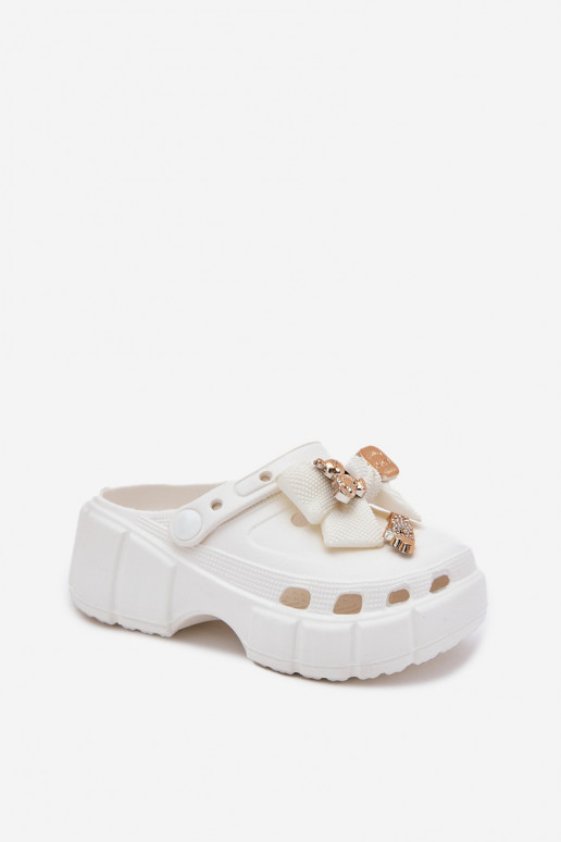 Girls Foam Slippers With Bow And Decorations White Selvana Girls Foam Slippers With Bow And Decorations White Selvana