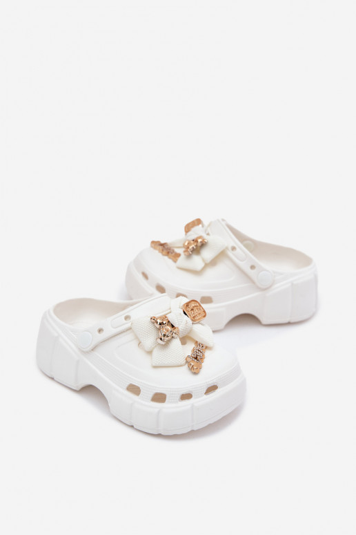 Girls Foam Slippers With Bow And Decorations White Selvana Girls Foam Slippers With Bow And Decorations White Selvana