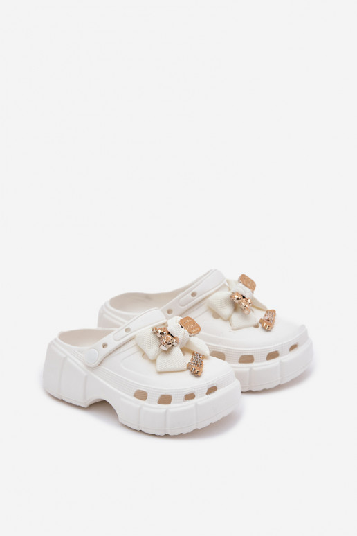 Girls Foam Slippers With Bow And Decorations White Selvana Girls Foam Slippers With Bow And Decorations White Selvana