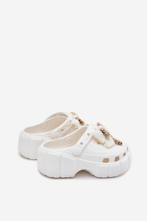 Girls Foam Slippers With Bow And Decorations White Selvana Girls Foam Slippers With Bow And Decorations White Selvana