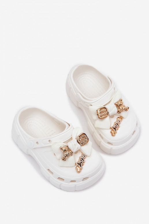 Girls Foam Slippers With Bow And Decorations White Selvana Girls Foam Slippers With Bow And Decorations White Selvana