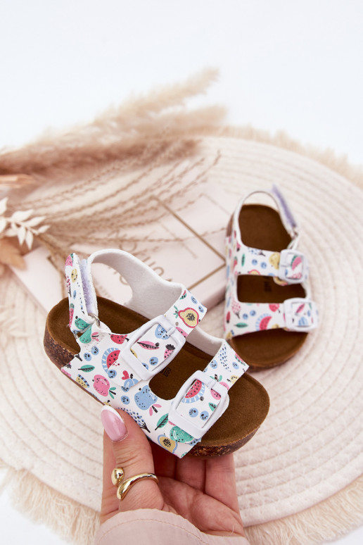 Children's sandals on cork sole with buckles fruits white Thessa Children's sandals on cork sole with buckles fruits white Thessa