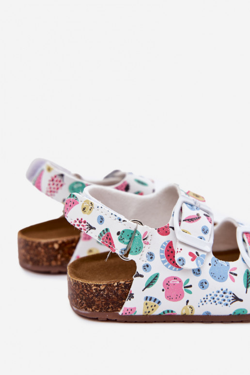 Children's sandals on cork sole with buckles fruits white Thessa Children's sandals on cork sole with buckles fruits white Thessa