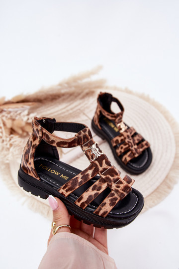 Girls Gladiator Sandals With Gold Detail Panther Print Vesira
