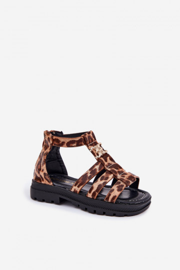 Girls Gladiator Sandals With Gold Detail Panther Print Vesira 2