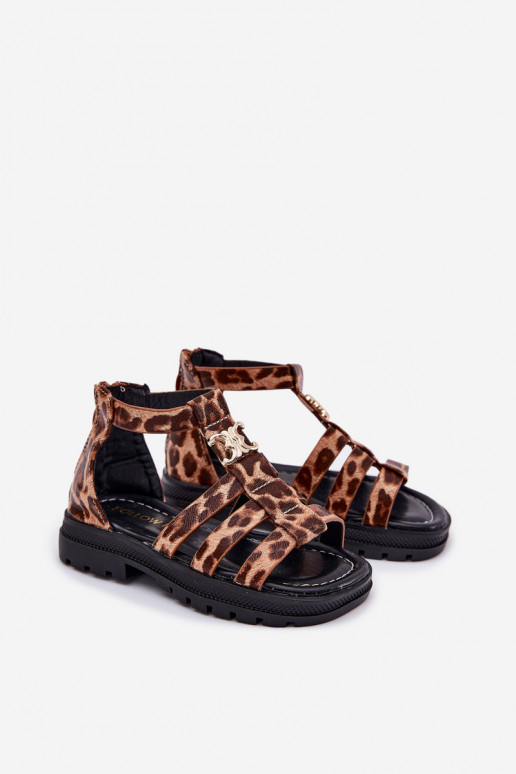 Girls Gladiator Sandals With Gold Detail Panther Print Vesira