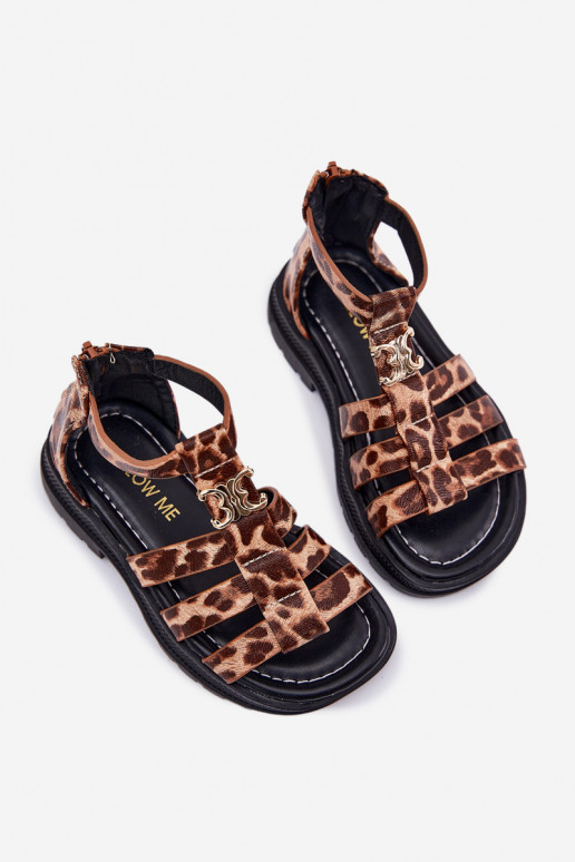 Girls Gladiator Sandals With Gold Detail Panther Print Vesira