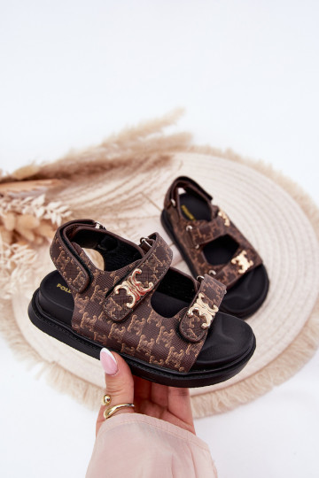 Children's Sandals With Velcro And Golden Details Brown Cavina