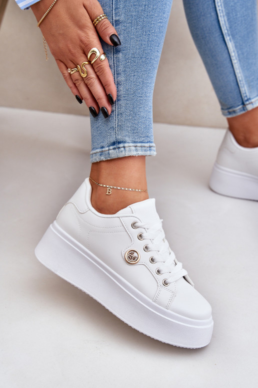 Eko Skórzane Sneakersy Na Platformie Ze Złotym Detalem Białe Zingie