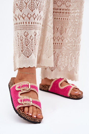 Crocheted Women's Slippers With Golden Buckles Fuchsia Fenira