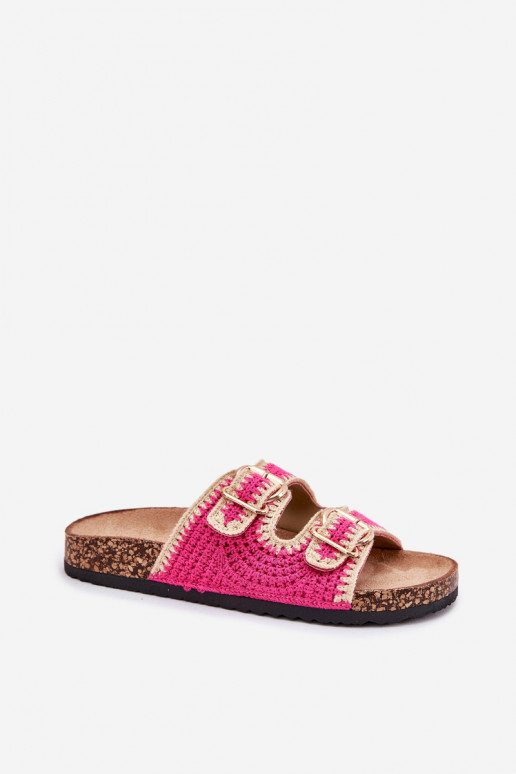 Crocheted Women's Slippers With Golden Buckles Fuchsia Fenira