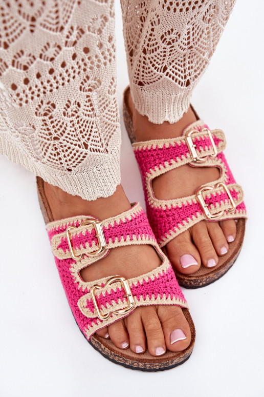 Crocheted Women's Slippers With Golden Buckles Fuchsia Fenira