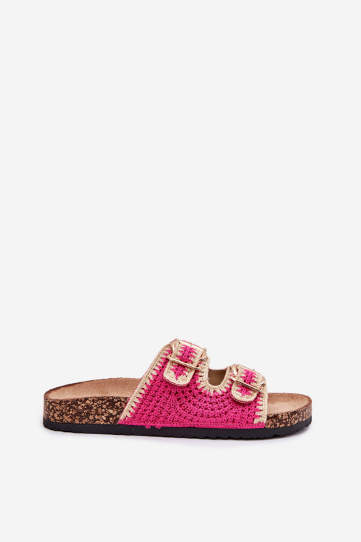Crocheted Women's Slippers With Golden Buckles Fuchsia Fenira