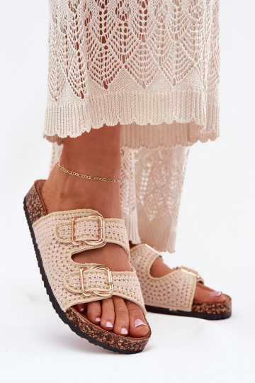 Crochet Women's Slippers With Golden Buckles Beige Fenira 2