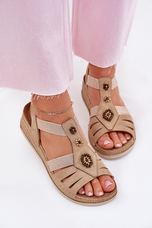 Women's Wedge Sandals With Decorations Beige Inblu RV000015 Women's Wedge Sandals With Decorations Beige Inblu RV000015