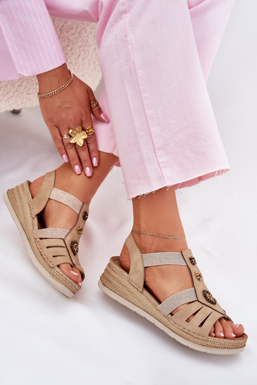 Women's Wedge Sandals With Decorations Beige Inblu RV000015 Women's Wedge Sandals With Decorations Beige Inblu RV000015