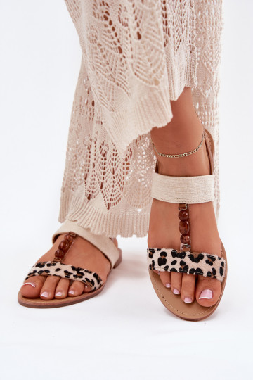 Flat Women Sandals With Beads Leopard Beige Virona 2