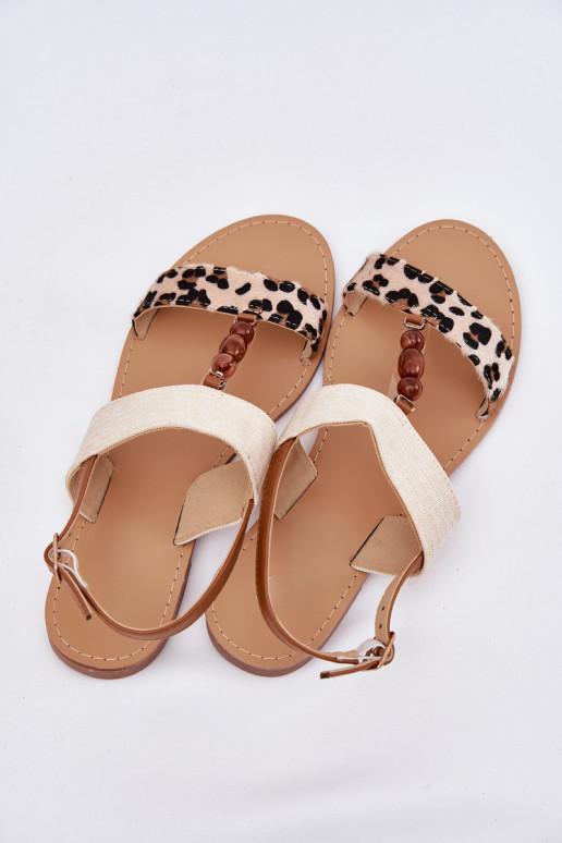 Flat Women Sandals With Beads Leopard Beige Virona Flat Women Sandals With Beads Leopard Beige Virona
