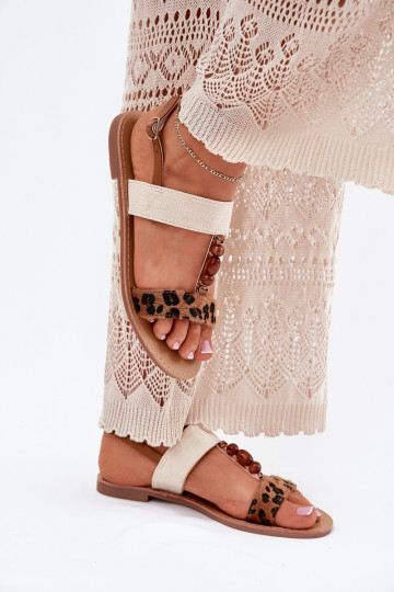 Flat Women's Sandals With Beads Leopard Brown Virona
