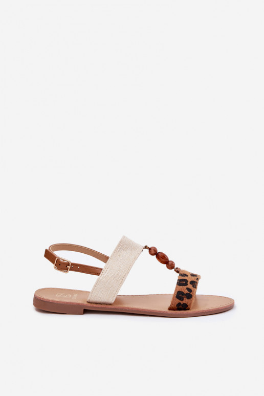 Flat Women's Sandals With Beads Leopard Brown Virona Flat Women's Sandals With Beads Leopard Brown Virona