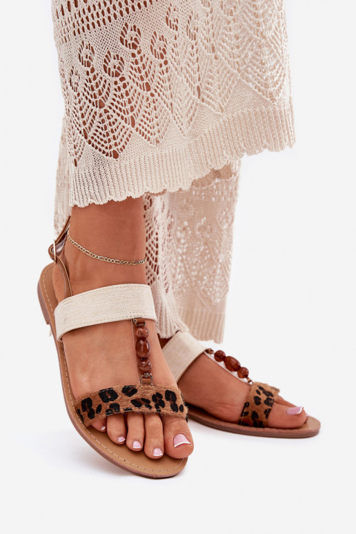Flat Women's Sandals With Beads Leopard Brown Virona Flat Women's Sandals With Beads Leopard Brown Virona