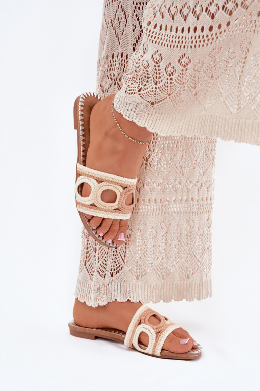 Crocheted women's slippers on a flat heel beige Nirina
