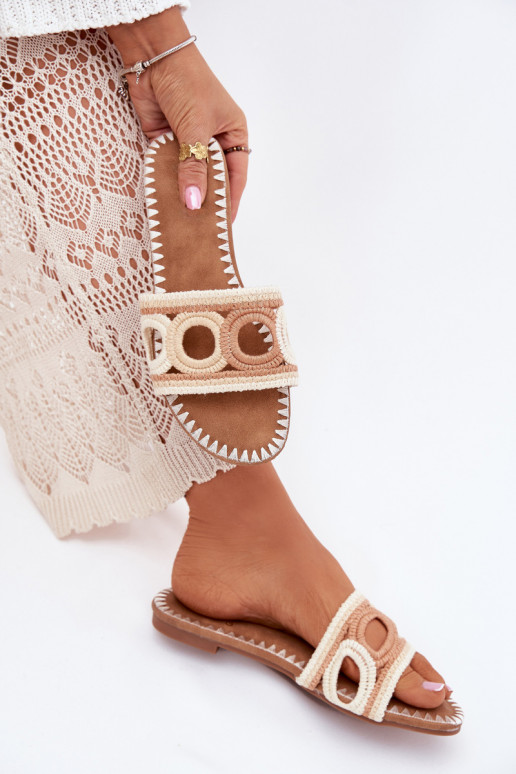 Crocheted women's slippers on a flat heel beige Nirina