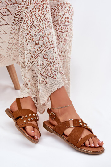 Women's Flat Sandals With Golden Studs Camel Zanira