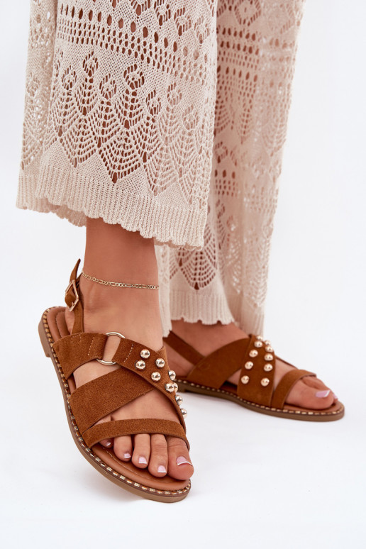 Women's Flat Sandals With Golden Studs Camel Zanira