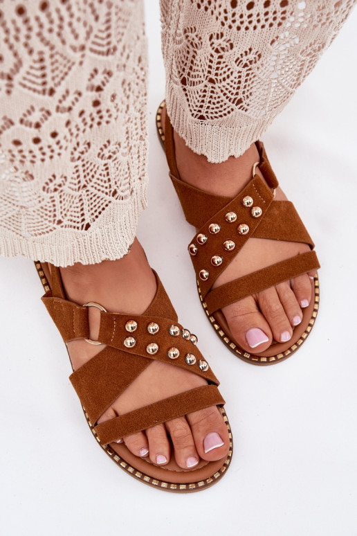 Women's Flat Sandals With Golden Studs Camel Zanira