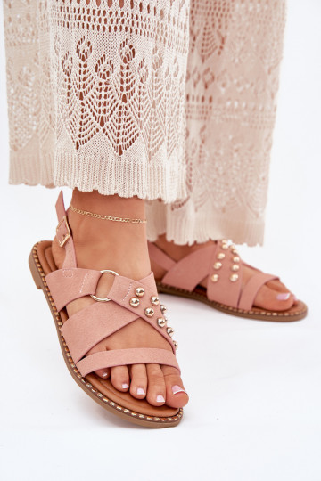 Women's Flat Heel Sandals With Golden Studs Pink Zanira