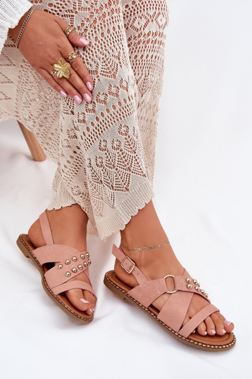 Women's Flat Heel Sandals With Golden Studs Pink Zanira Women's Flat Heel Sandals With Golden Studs Pink Zanira