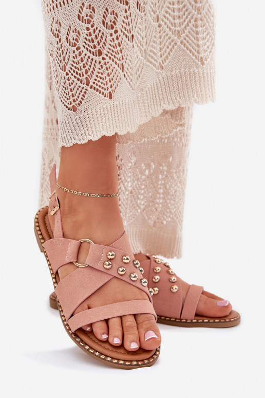 Women's Flat Heel Sandals With Golden Studs Pink Zanira Women's Flat Heel Sandals With Golden Studs Pink Zanira